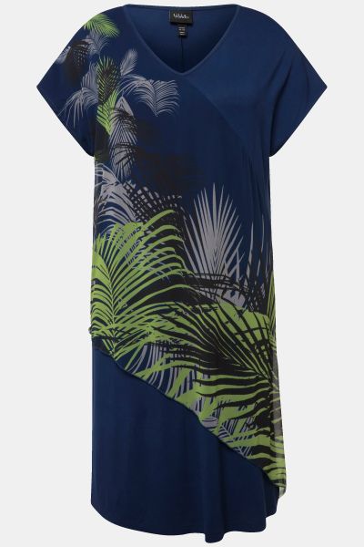 Palm Leaf Print Layered Chiffon Dress