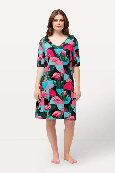 Retro Flamingo Print Short Sleeve Cutout Dress