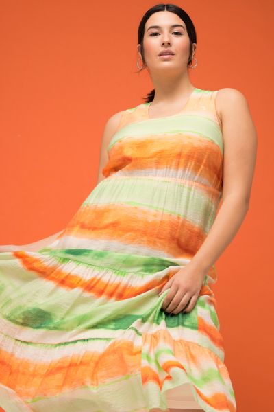 Maxi dress, A-line, batik stripes, back V-neck, flounces