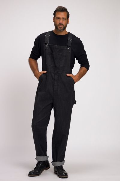 Dungarees, denim, many pockets, elastic inserts, relaxed fit