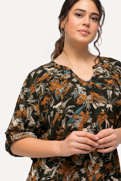 Split Neck 3/4 Sleeve A-Line Blouse