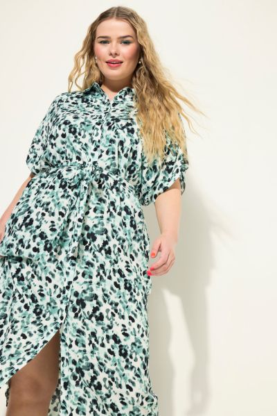 Animal Print Dolman Sleeve Button Front Shirt Dress