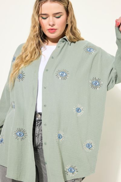 Eye Embroidery Button Front Shirt