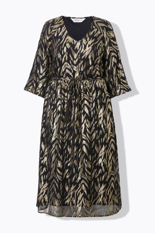 Abstract Metallic Print Balloon Sleeve Dress