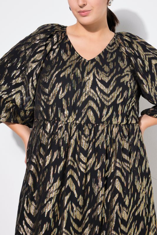 Abstract Metallic Print Balloon Sleeve Dress