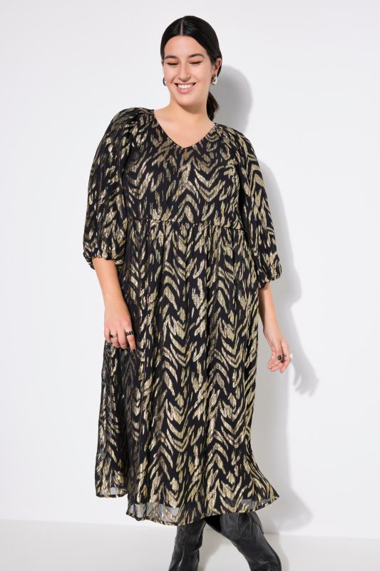 Abstract Metallic Print Balloon Sleeve Dress