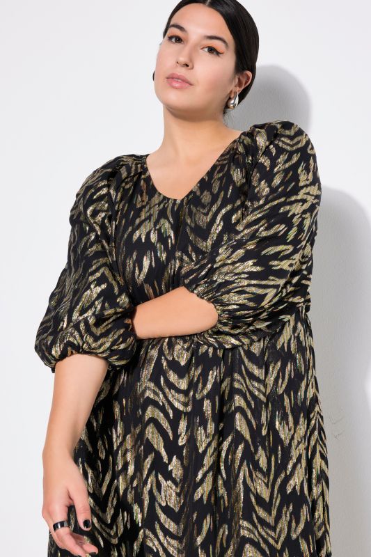 Abstract Metallic Print Balloon Sleeve Dress