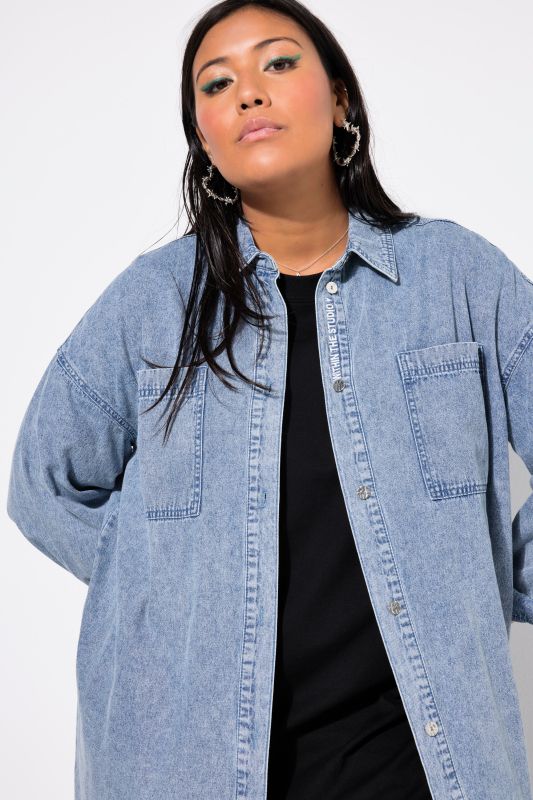 Denim Embroidered Lettering Blouse