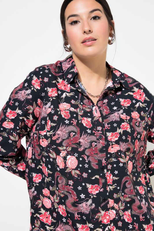 Boxy shirt blouse, Asian print