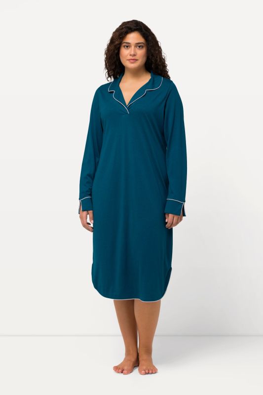 Piped Accent Lapel Collar Cotton Blend Knit Nightgown