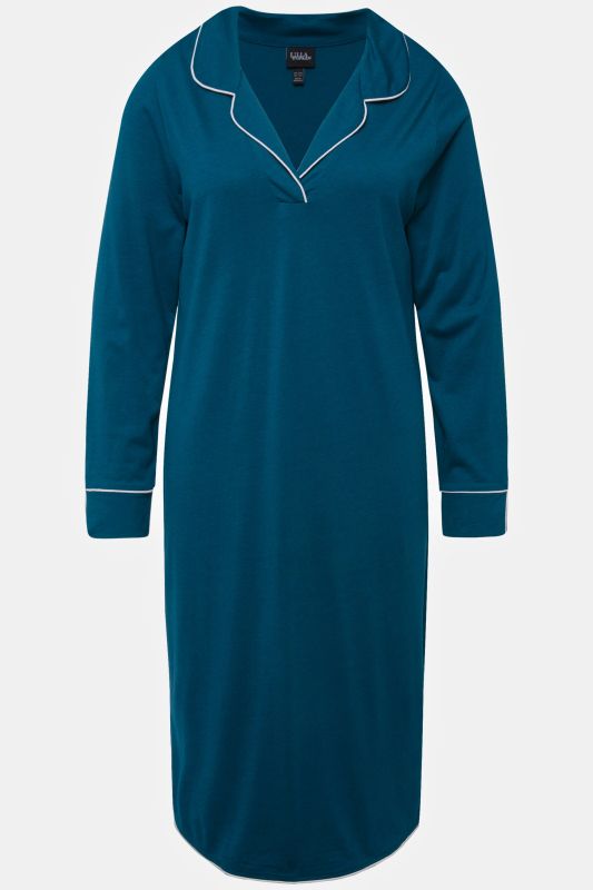 Piped Accent Lapel Collar Cotton Blend Knit Nightgown