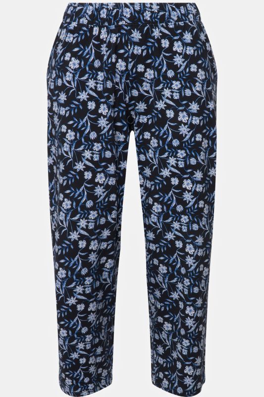 Blue Floral Cotton Knit Elastic Waist Pocket Pants