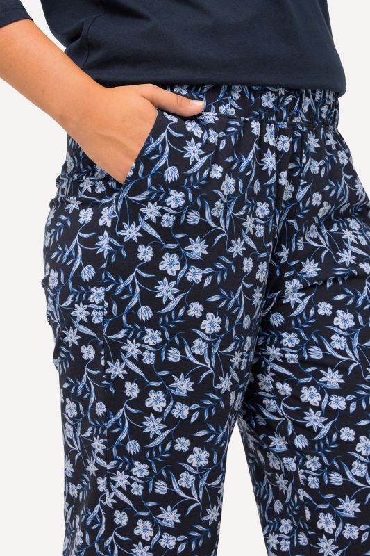 Blue Floral Cotton Knit Elastic Waist Pocket Pants