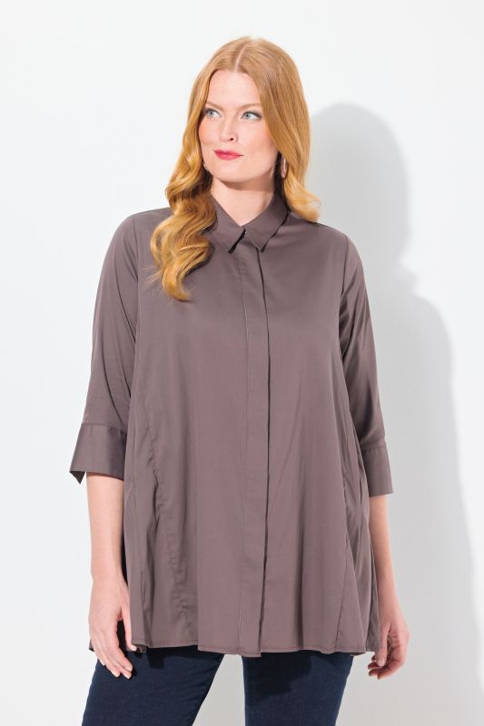 Swing Hem Button Front Stretch Cotton Blend Shirt