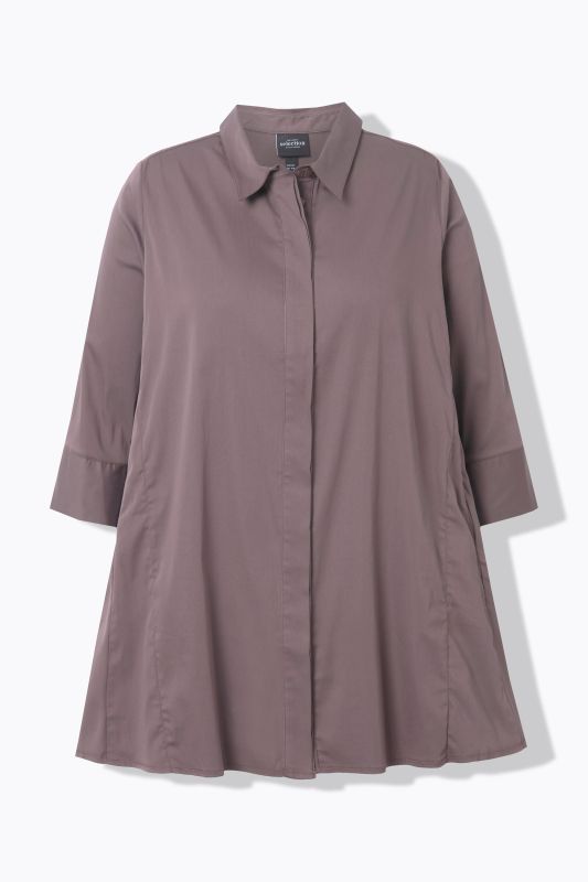 Swing Hem Button Front Stretch Cotton Blend Shirt