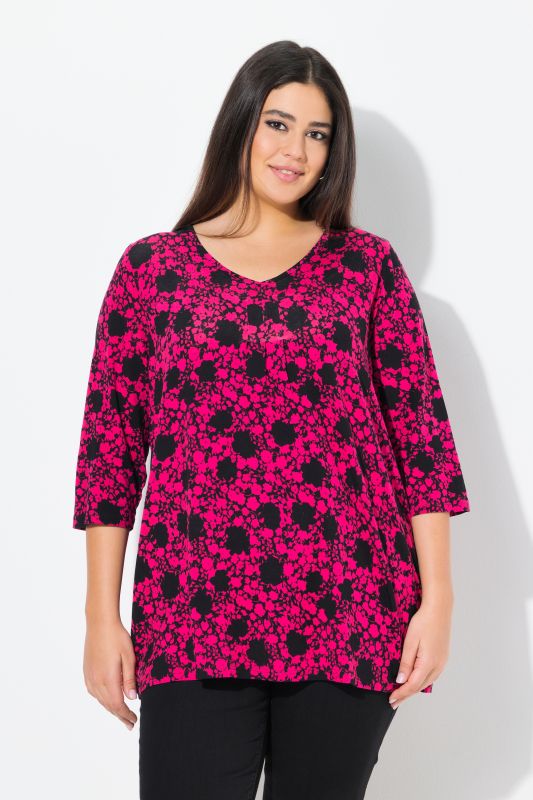 Floral Print 3/4 Sleeve A-Line Tee