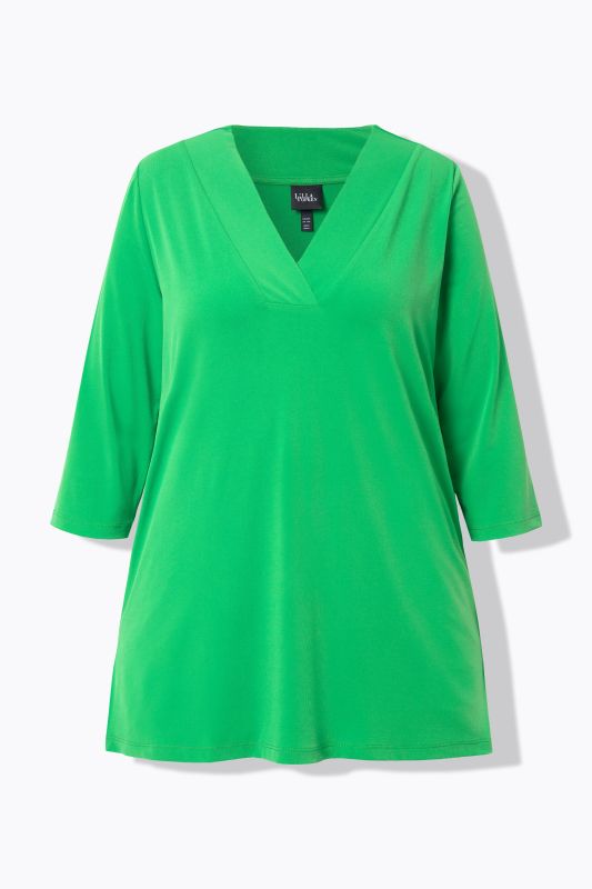 Matte Jersey V-Neck Swing Vented Three Quarter Sleeve Tunic