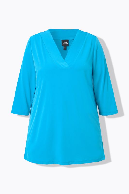 Matte Jersey V-Neck Swing Vented Three Quarter Sleeve Tunic