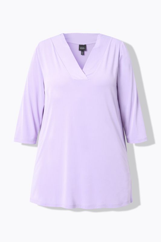 Matte Jersey V-Neck Swing Vented Three Quarter Sleeve Tunic