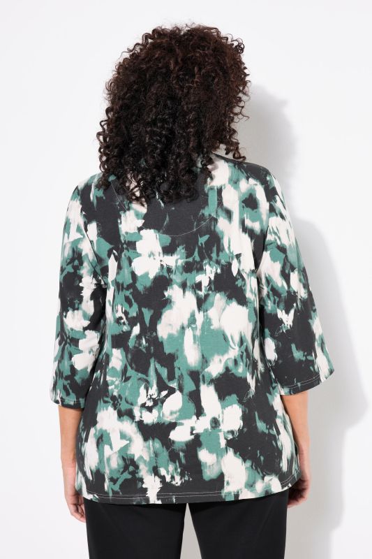 Goblet Collar Abstract Print 3/4 Sleeve Tee