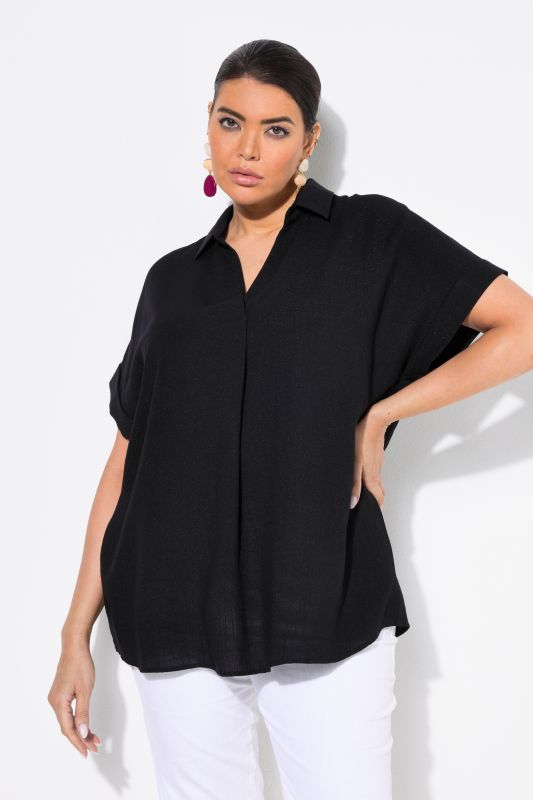 Button Accent Back Short Sleeve Blouse
