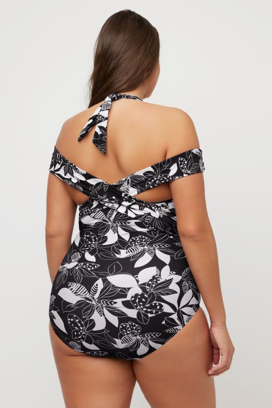Monochrome Leaf Off the Shoulder One Piece Swimsuit