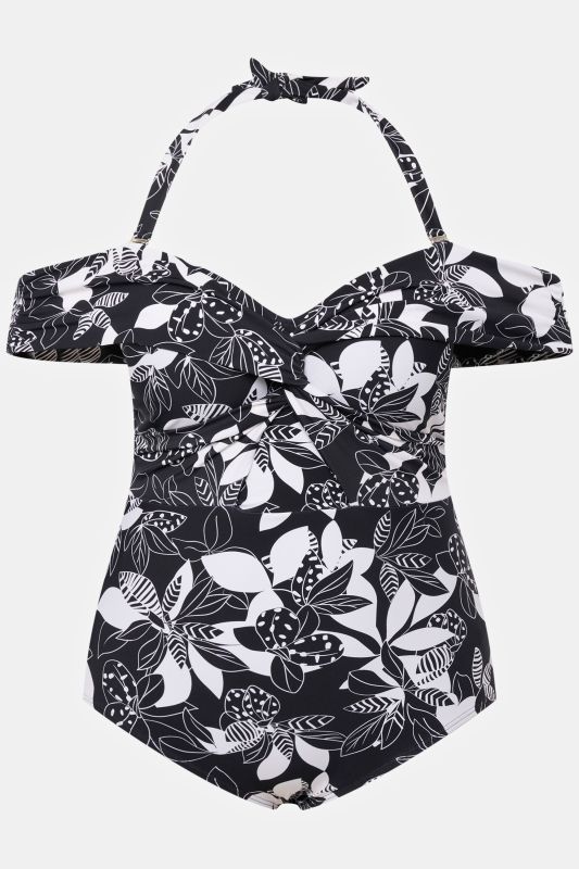 Monochrome Leaf Off the Shoulder One Piece Swimsuit