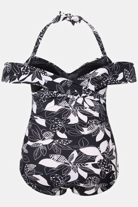 Monochrome Leaf Off the Shoulder One Piece Swimsuit