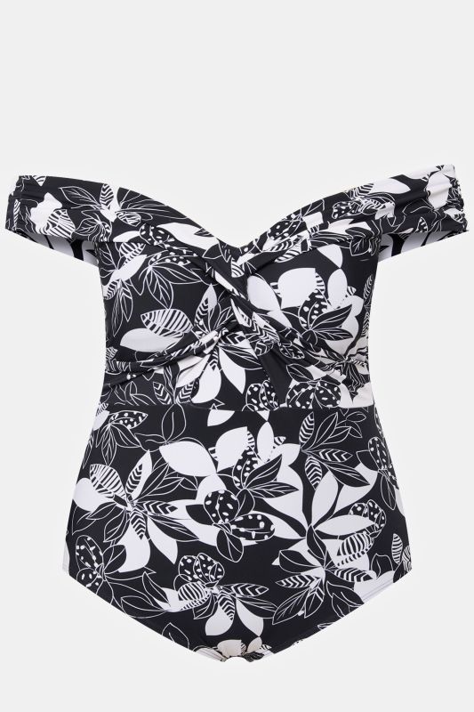 Monochrome Leaf Off the Shoulder One Piece Swimsuit