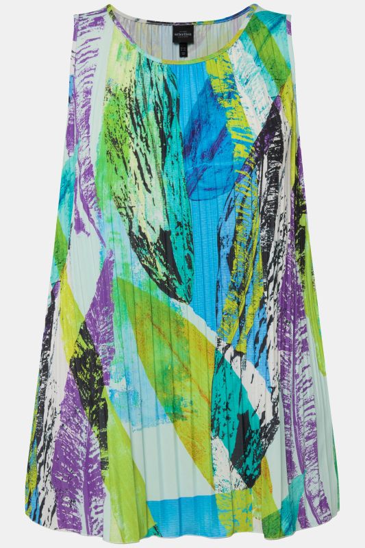 Pleated Feather Print Sleeveless Blouse