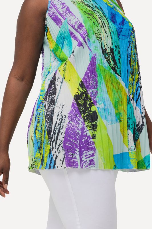 Pleated Feather Print Sleeveless Blouse