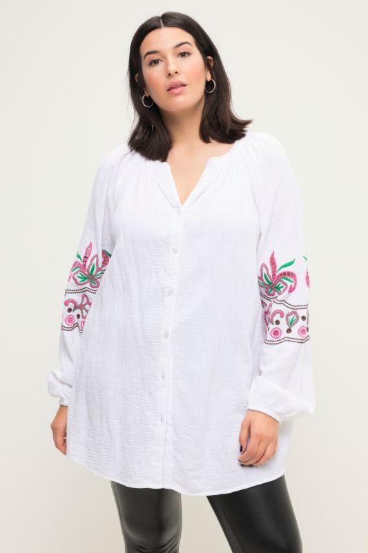 Muslin blouse, oversized, tunic neckline, embroidery