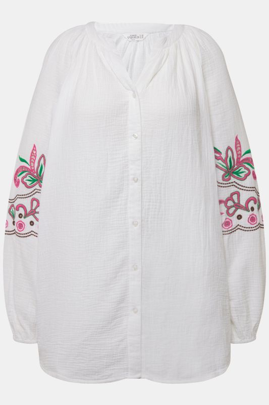 Muslin blouse, oversized, tunic neckline, embroidery