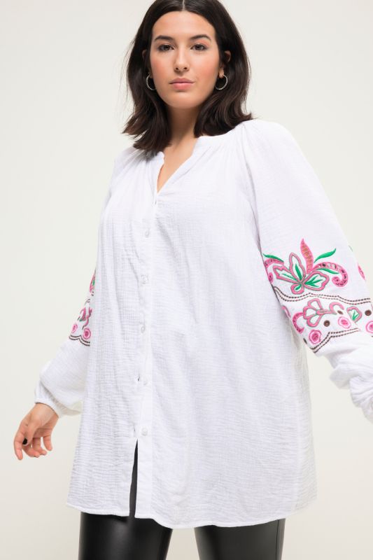 Muslin blouse, oversized, tunic neckline, embroidery
