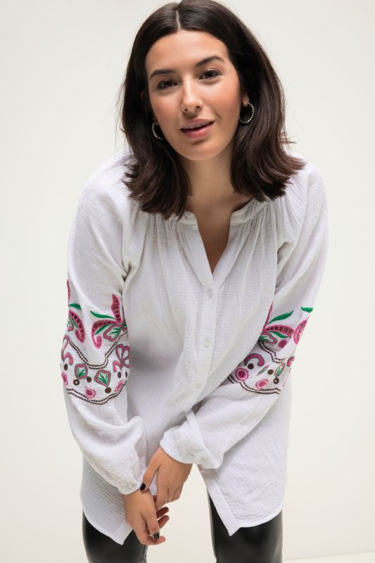 Muslin blouse, oversized, tunic neckline, embroidery