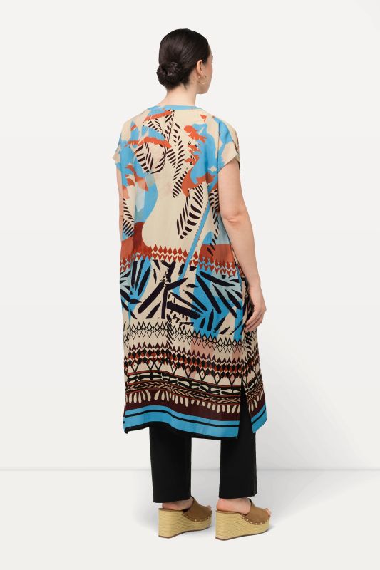 Abstract Mixed Print Cap Sleeve Tunic Dress