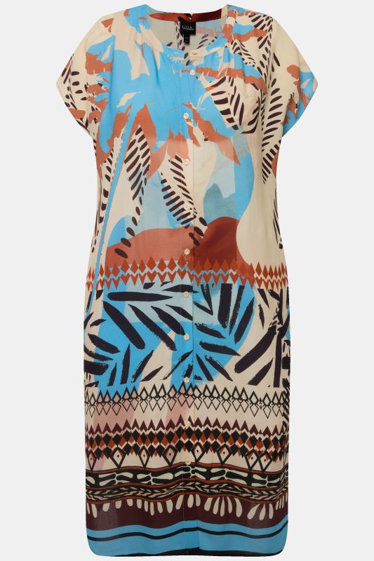 Abstract Mixed Print Cap Sleeve Tunic Dress