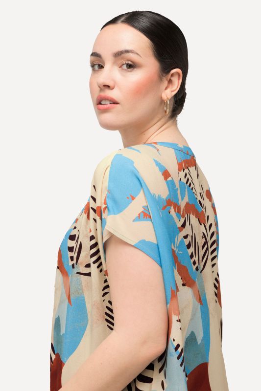 Abstract Mixed Print Cap Sleeve Tunic Dress