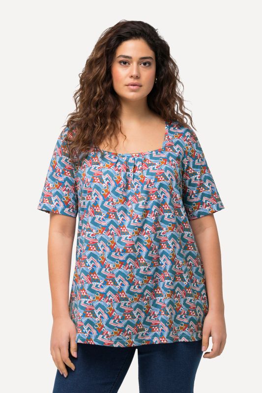 Pleated Geometric Print Square Neck Tee