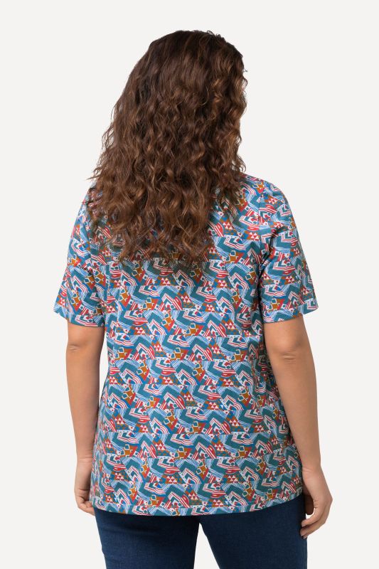 Pleated Geometric Print Square Neck Tee