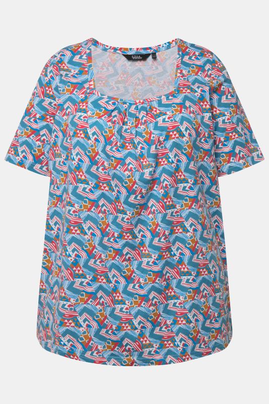 Pleated Geometric Print Square Neck Tee