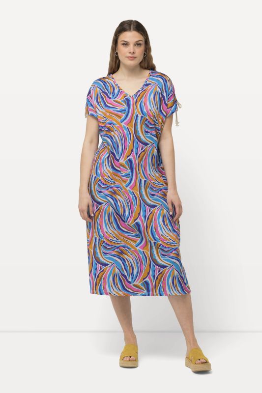 Print V-Neck Cap Sleeve Cotton Jersey Dress
