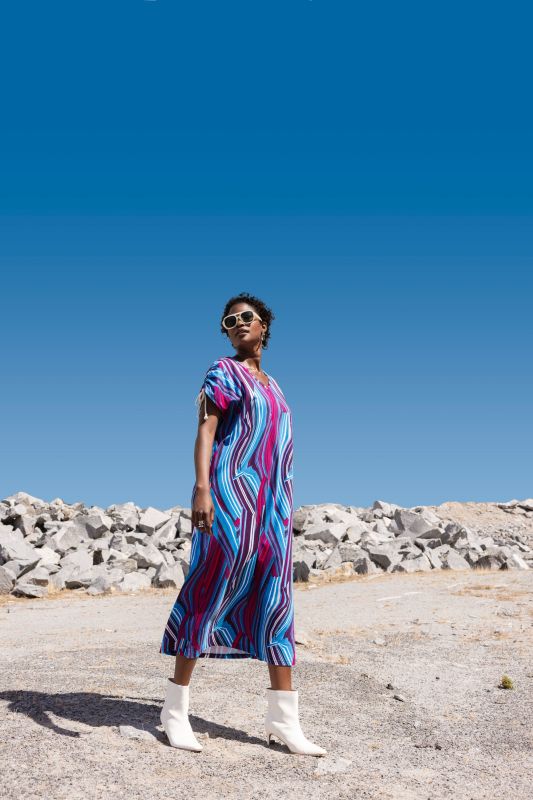 Print V-Neck Cap Sleeve Cotton Jersey Dress