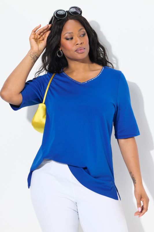 Pima Cotton A-line Embroidered V-Neck Short Sleeve Tee
