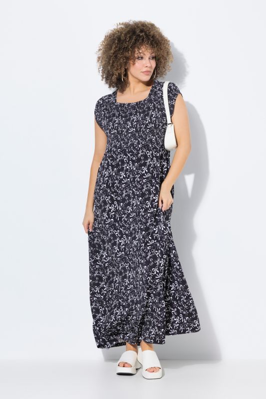 Smocked Bow Print Cap Sleeve Maxi Dress
