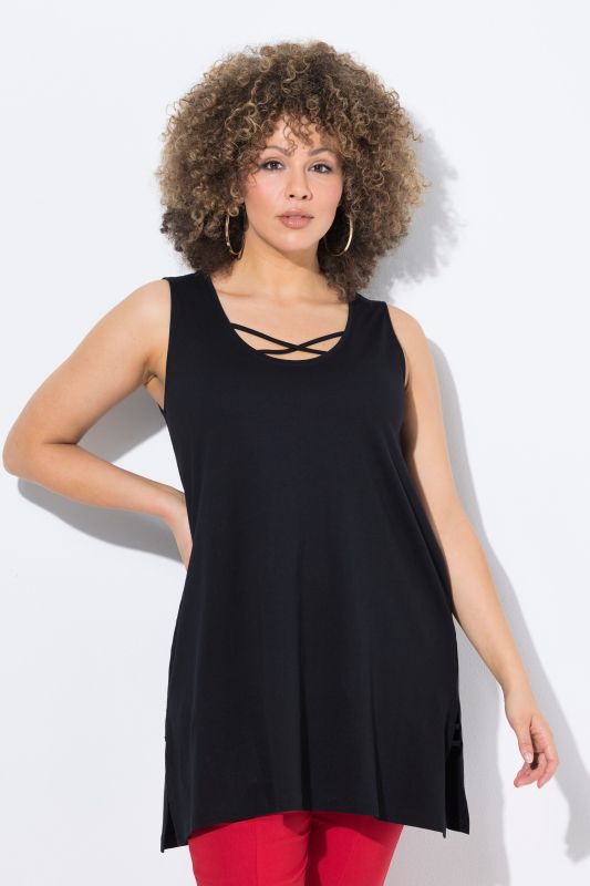 Strap Accent Scoop Neck Cotton Tank Tunic Blouse