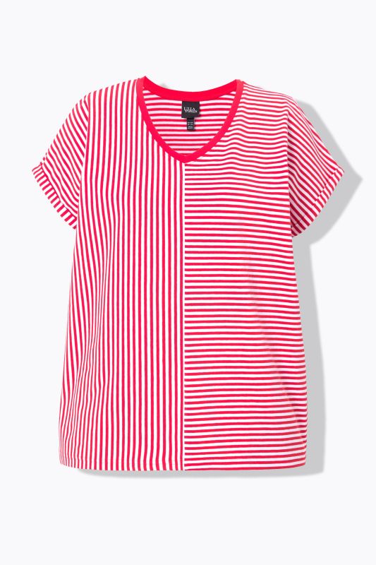 Mixed Stripe V-Neck Stretch Tee
