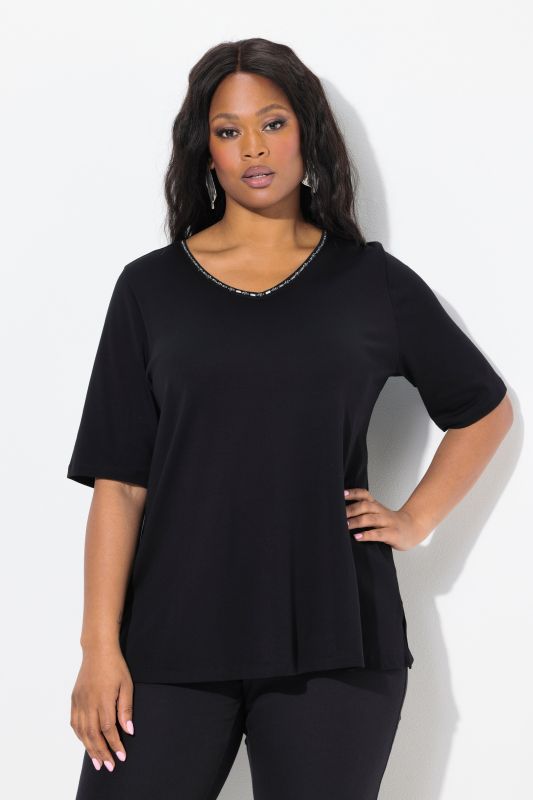 Pima Cotton A-line Embroidered V-Neck Short Sleeve Tee