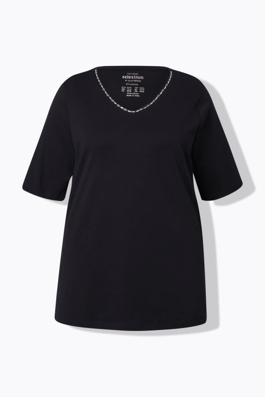 Pima Cotton A-line Embroidered V-Neck Short Sleeve Tee