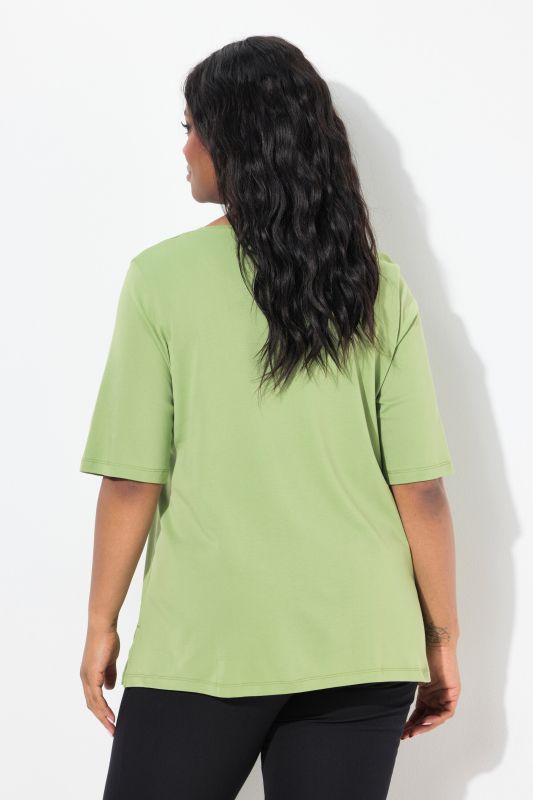 Pima Cotton A-line Embroidered V-Neck Short Sleeve Tee